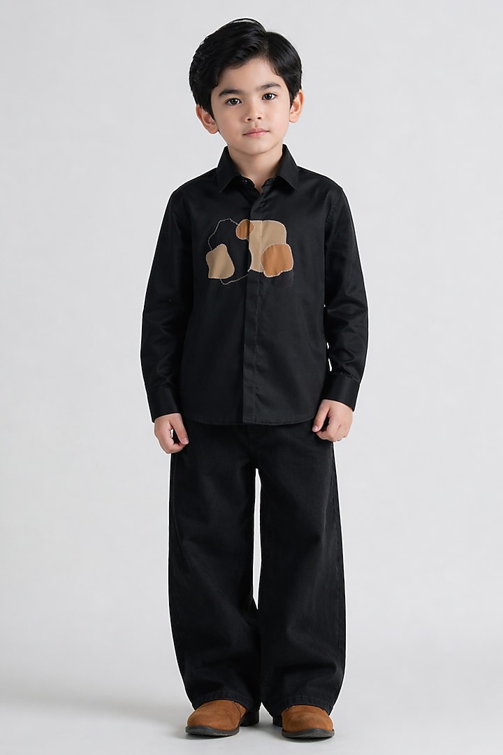 Black Cotton Abstract Patchwork Shirt For Boys by Abkasa - Kids at Pernia's Pop Up Shop