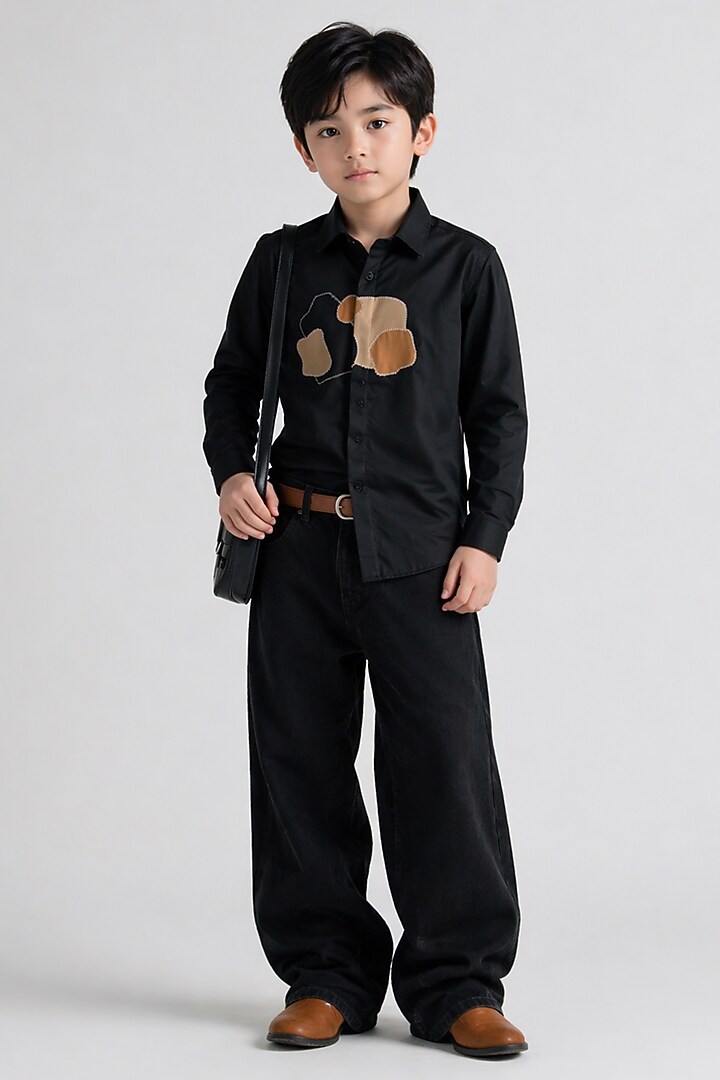 Black Cotton Abstract Patchwork Shirt For Boys by Abkasa - Kids at Pernia's Pop Up Shop