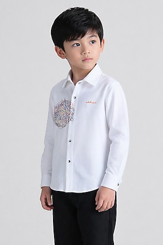 White Poly Viscose Embroidered Shirt For Boys by Abkasa - Kids