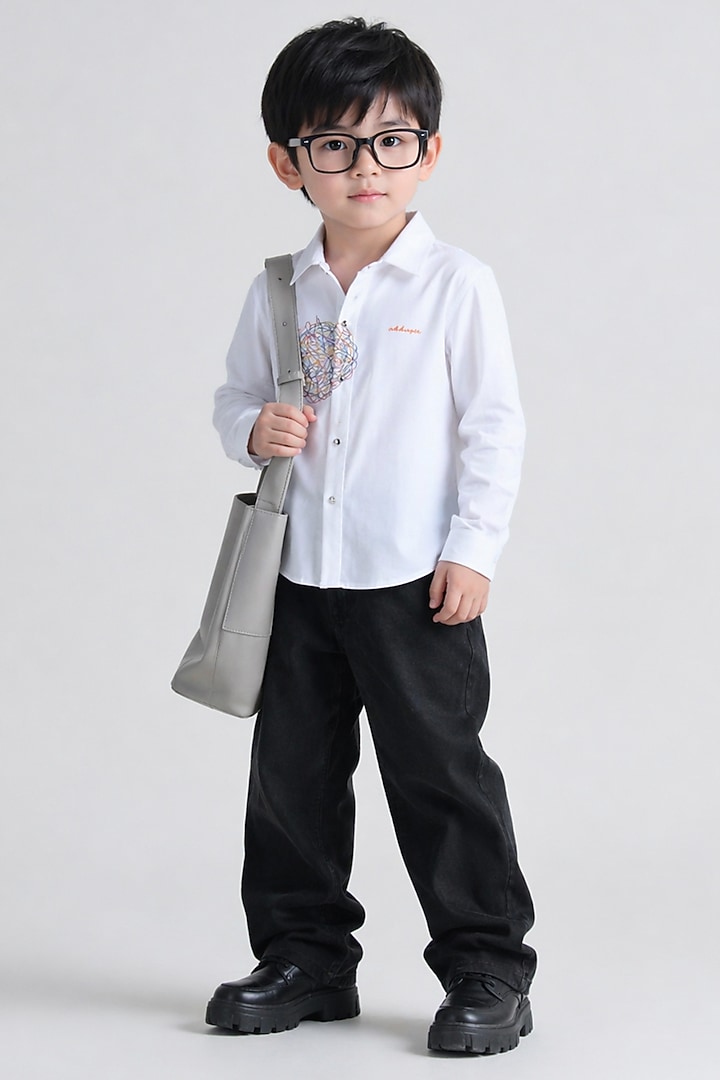White Poly Viscose Embroidered Shirt For Boys by Abkasa - Kids at Pernia's Pop Up Shop