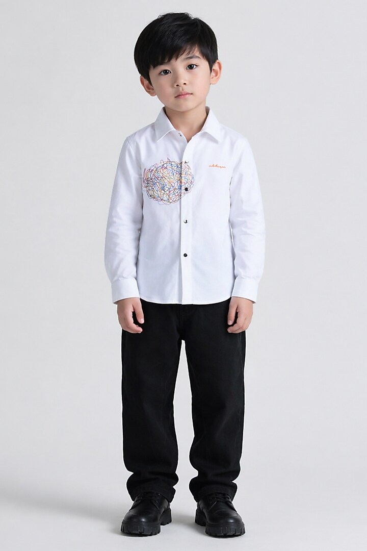 White Poly Viscose Embroidered Shirt For Boys by Abkasa - Kids at Pernia's Pop Up Shop