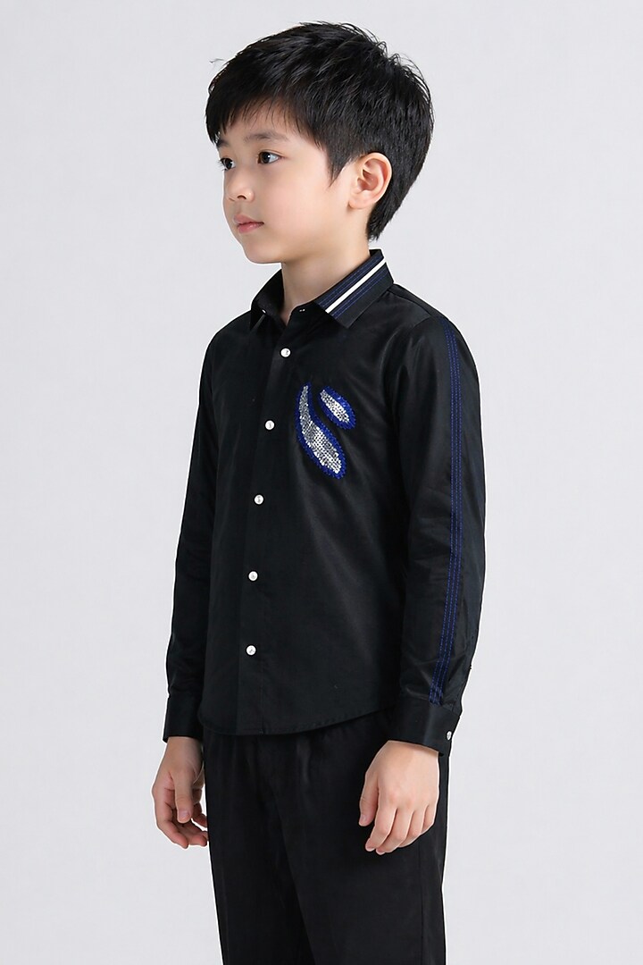 Black Cotton Patch Embroidered Shirt For Boys by Abkasa - Kids at Pernia's Pop Up Shop