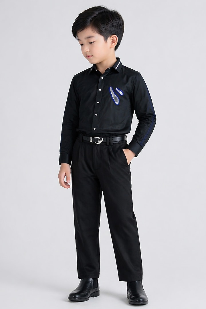 Black Cotton Patch Embroidered Shirt For Boys by Abkasa - Kids at Pernia's Pop Up Shop