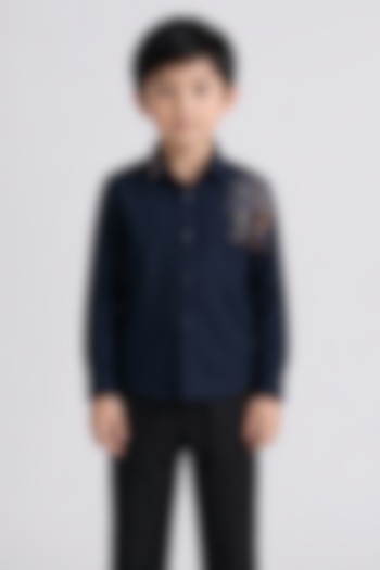 Navy Blue Poly Viscose Embroidered Shirt For Boys by Abkasa - Kids at Pernia's Pop Up Shop