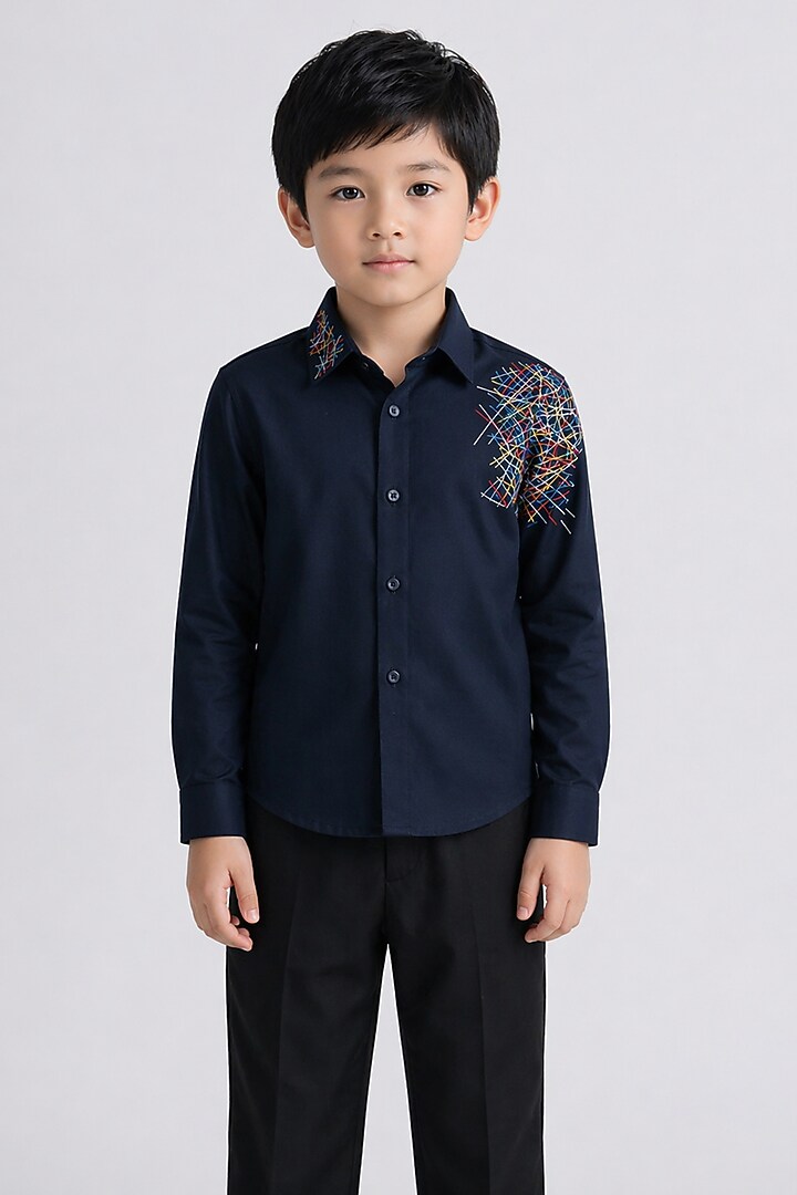 Navy Blue Poly Viscose Embroidered Shirt For Boys by Abkasa - Kids at Pernia's Pop Up Shop