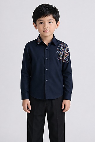 Navy Blue Poly Viscose Embroidered Shirt For Boys by Abkasa - Kids