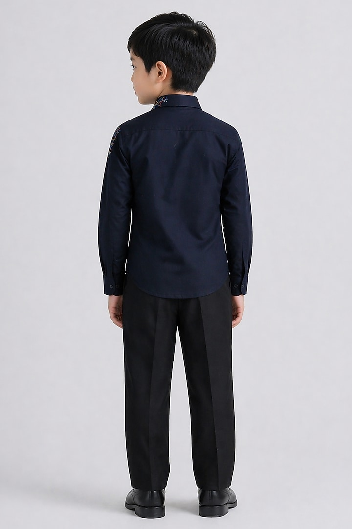 Navy Blue Poly Viscose Embroidered Shirt For Boys by Abkasa - Kids at Pernia's Pop Up Shop