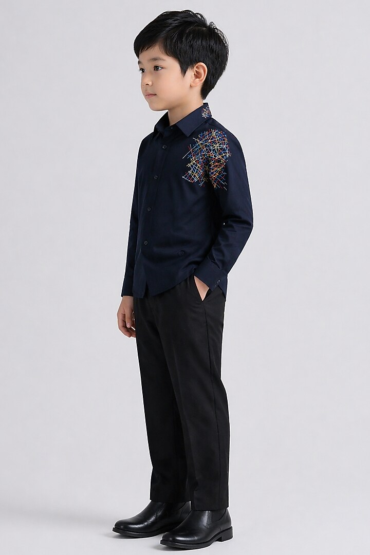 Navy Blue Poly Viscose Embroidered Shirt For Boys by Abkasa - Kids at Pernia's Pop Up Shop