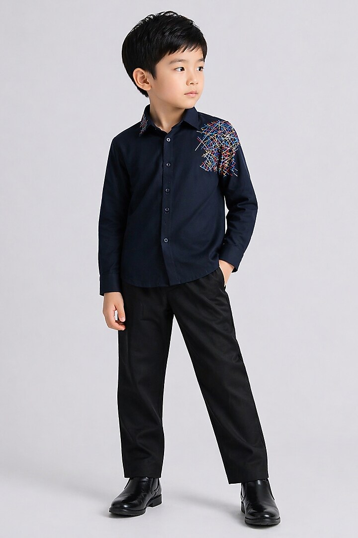 Navy Blue Poly Viscose Embroidered Shirt For Boys by Abkasa - Kids at Pernia's Pop Up Shop
