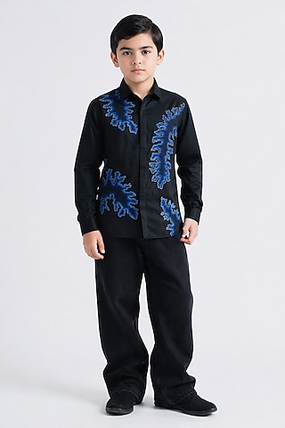Black Poly Viscose Embroidered Shirt For Boys by Abkasa - Kids