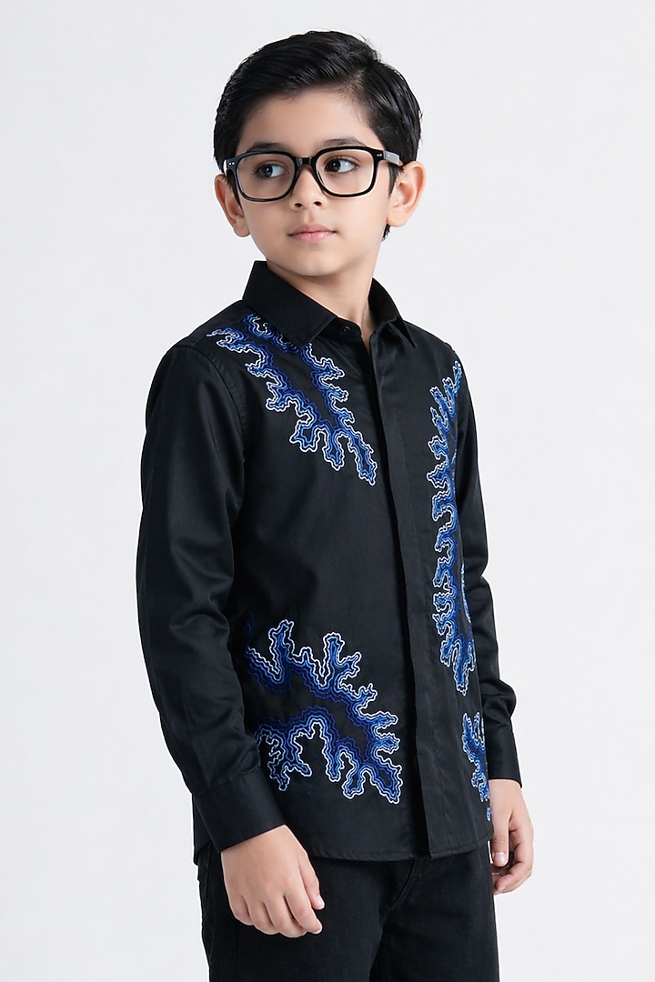 Black Poly Viscose Embroidered Shirt For Boys by Abkasa - Kids at Pernia's Pop Up Shop