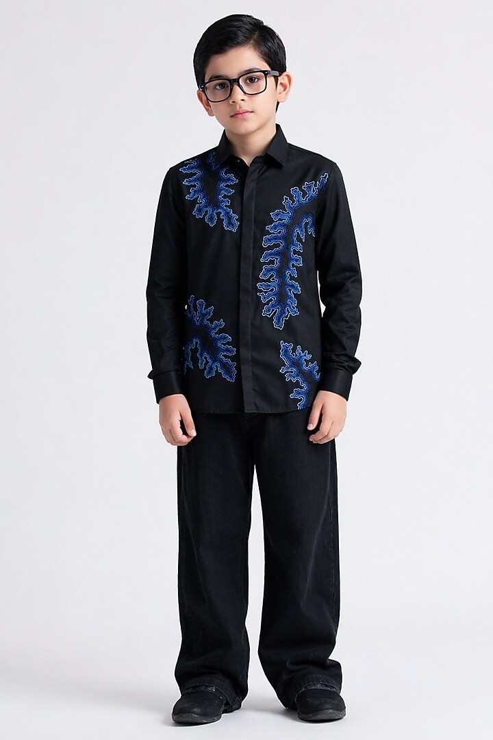 Black Poly Viscose Embroidered Shirt For Boys by Abkasa - Kids at Pernia's Pop Up Shop