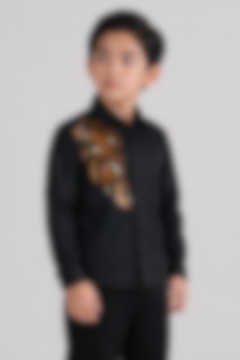 Black Poly Viscose Embroidered Shirt For Boys by Abkasa - Kids at Pernia's Pop Up Shop
