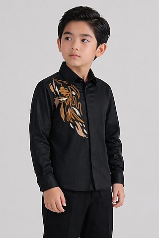 Black Poly Viscose Embroidered Shirt For Boys by Abkasa - Kids