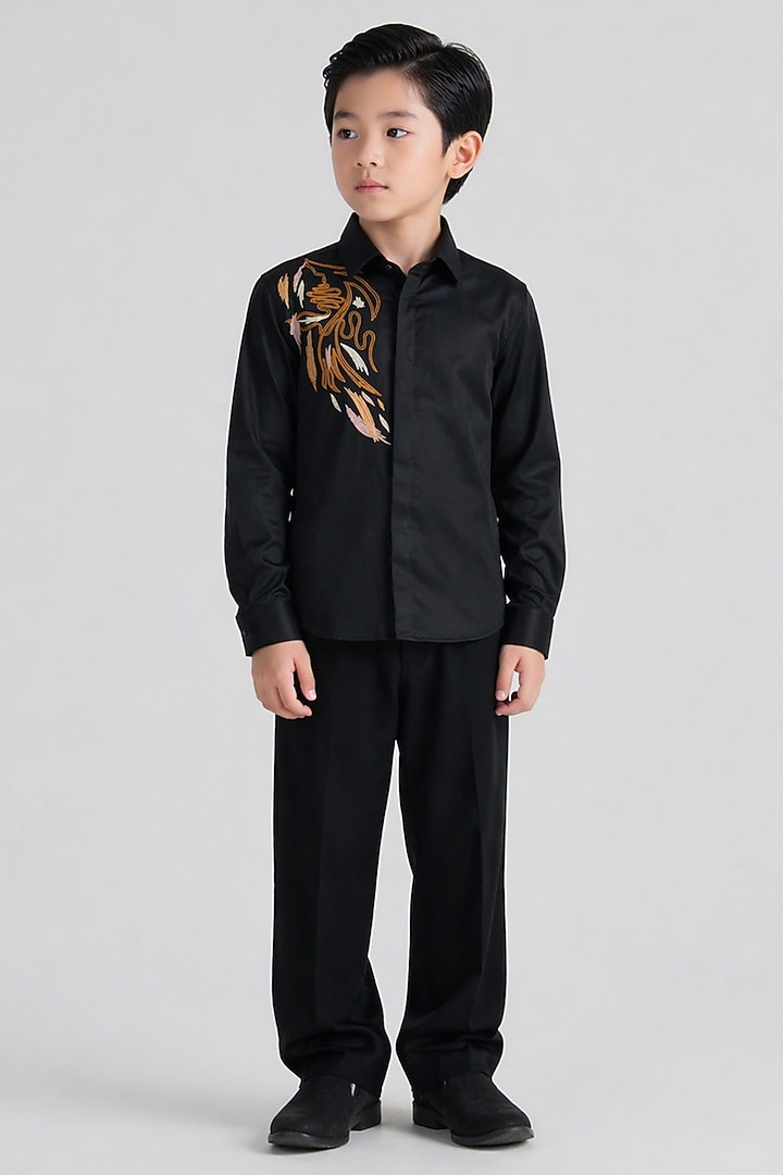 Black Poly Viscose Embroidered Shirt For Boys by Abkasa - Kids at Pernia's Pop Up Shop