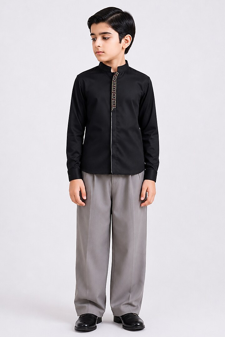 Black Cotton Embroidered Shirt For Boys by Abkasa - Kids at Pernia's Pop Up Shop
