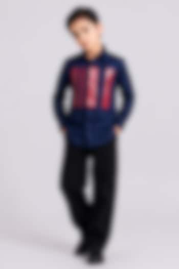 Navy Blue Cotton Embroidered Shirt For Boys by Abkasa - Kids at Pernia's Pop Up Shop