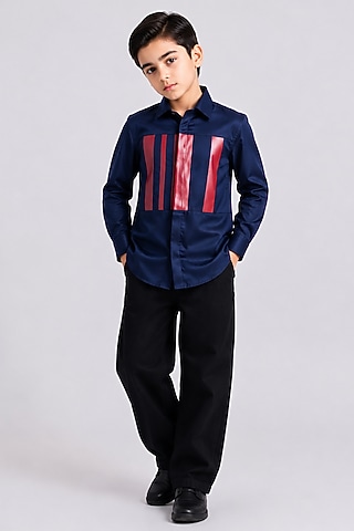 Navy Blue Cotton Embroidered Shirt For Boys by Abkasa - Kids
