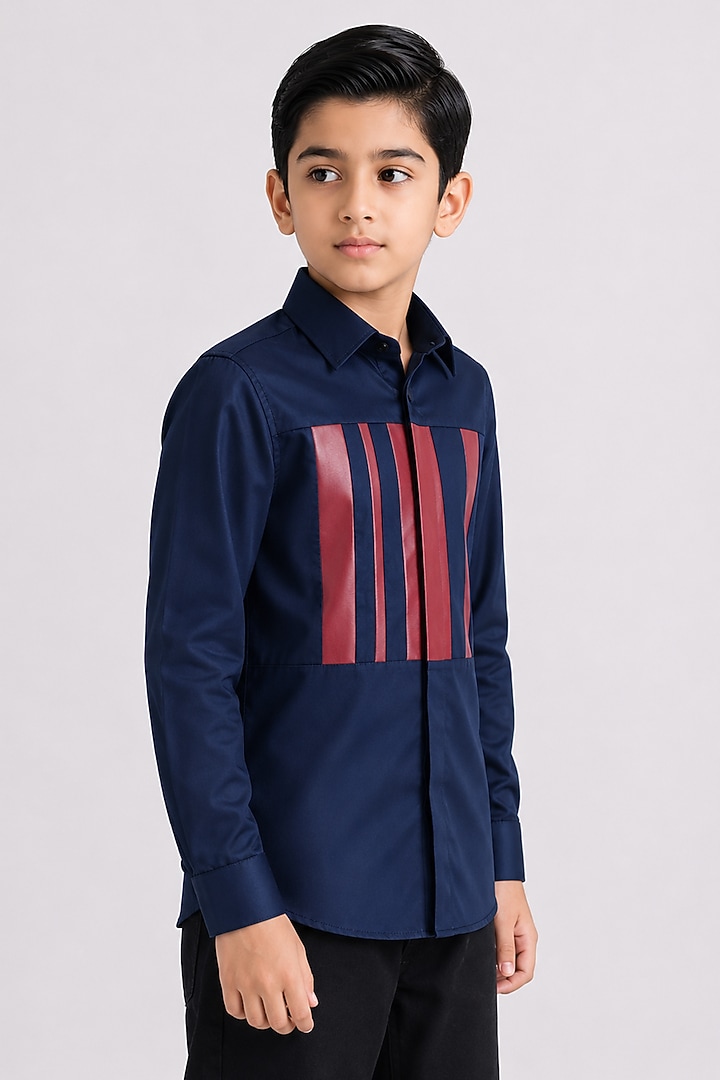 Navy Blue Cotton Embroidered Shirt For Boys by Abkasa - Kids at Pernia's Pop Up Shop