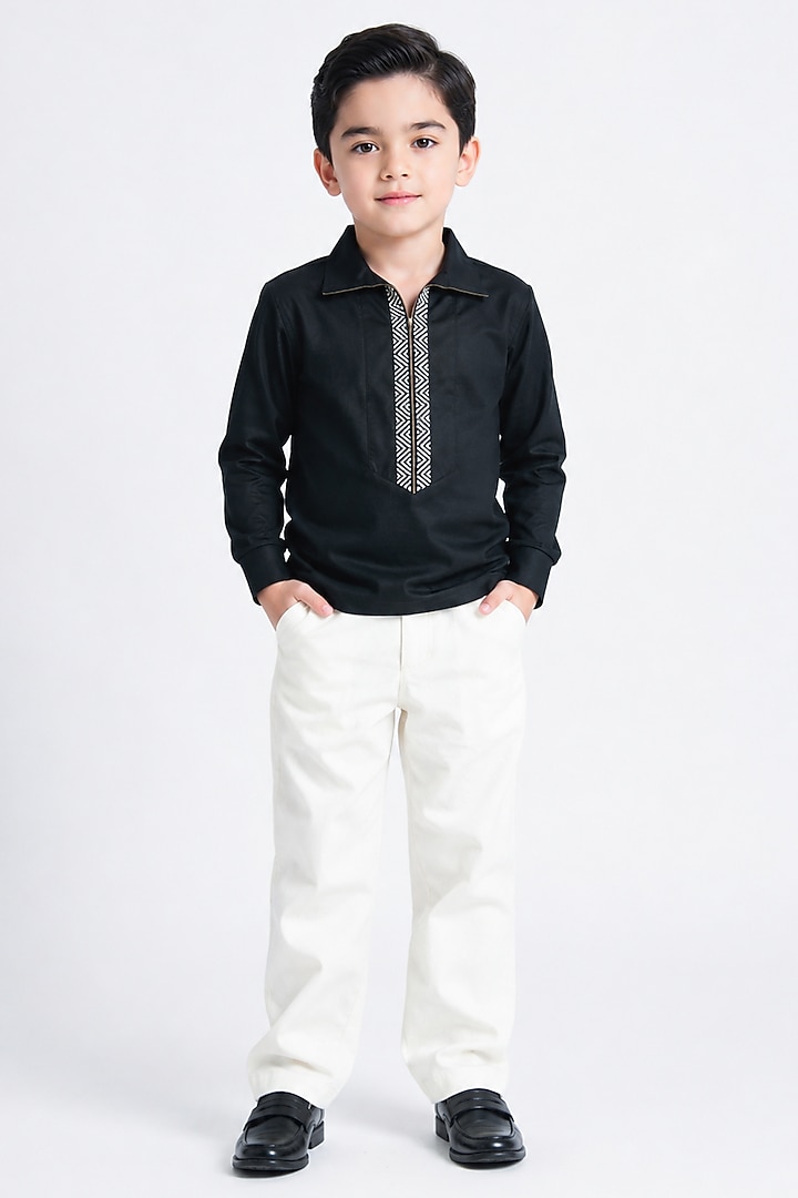 Navy Blue Cotton Motifs Work Shirt For Boys by Abkasa - Kids at Pernia's Pop Up Shop