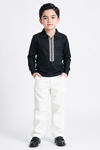 Navy Blue Cotton Motifs Work Shirt For Boys by Abkasa - Kids