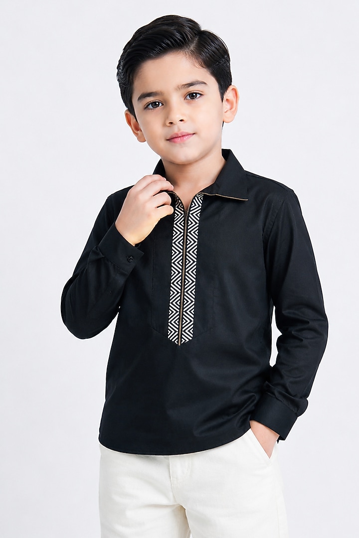Navy Blue Cotton Motifs Work Shirt For Boys by Abkasa - Kids at Pernia's Pop Up Shop