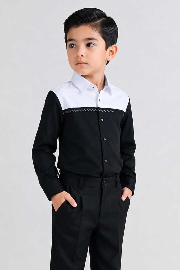 Black Cotton Embroidered Shirt For Boys by Abkasa - Kids at Pernia's Pop Up Shop