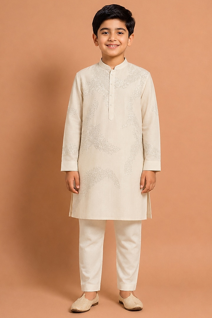 Beige Katan Silk Kurta Set for Boys by Abkasa - Kids at Pernia's Pop Up Shop