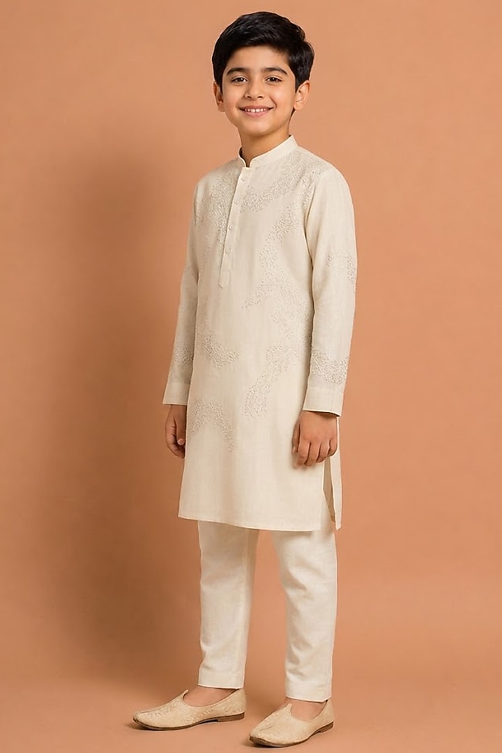 Beige Katan Silk Kurta Set for Boys by Abkasa - Kids at Pernia's Pop Up Shop