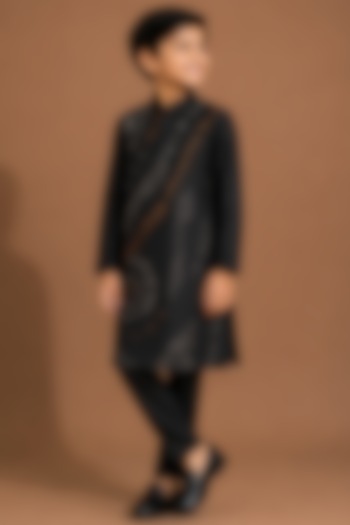 Black Katan Silk Kurta Set for Boys by Abkasa - Kids at Pernia's Pop Up Shop