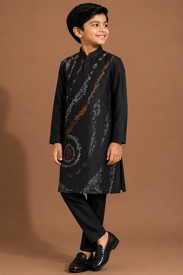 Black Katan Silk Kurta Set for Boys by Abkasa - Kids at Pernia's Pop Up Shop