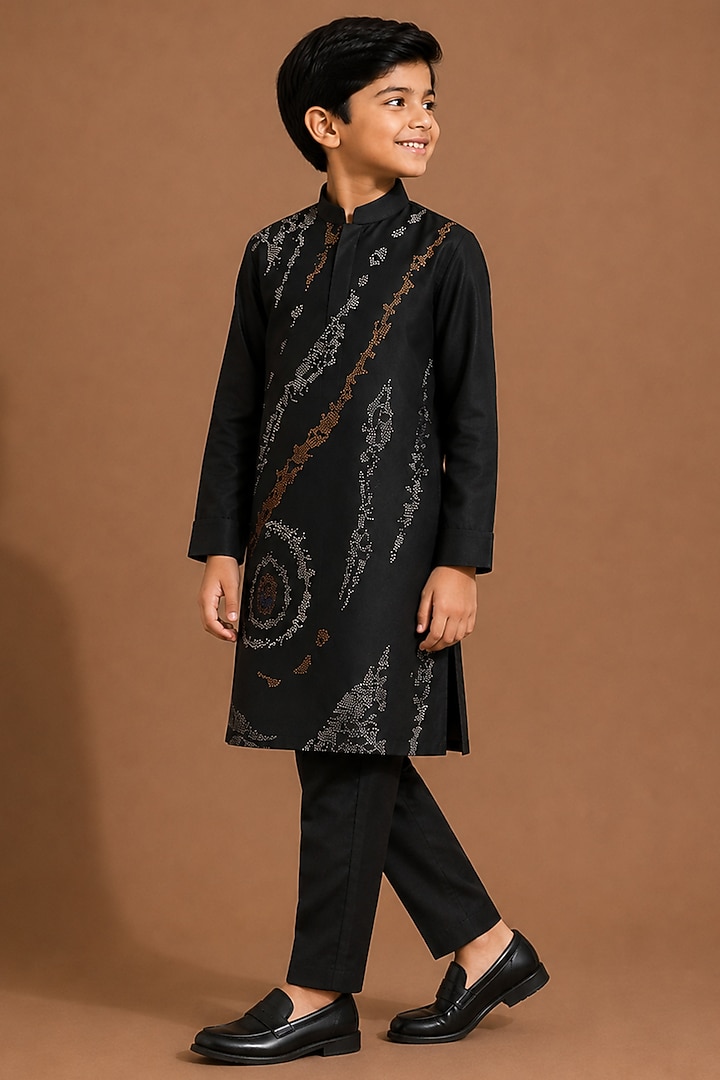 Black Katan Silk Kurta Set for Boys by Abkasa - Kids at Pernia's Pop Up Shop