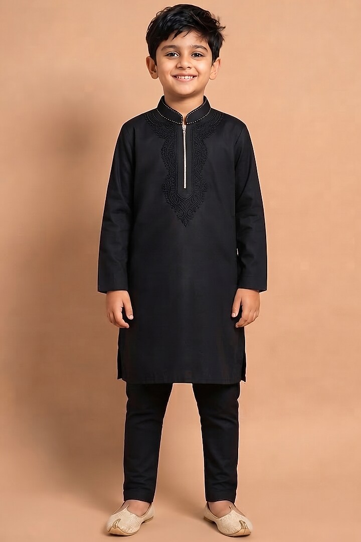 Black Modal Silk Kurta Set for Boys by Abkasa - Kids at Pernia's Pop Up Shop