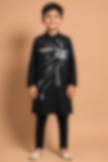 Black Katan Silk Kurta Set for Boys by Abkasa - Kids at Pernia's Pop Up Shop