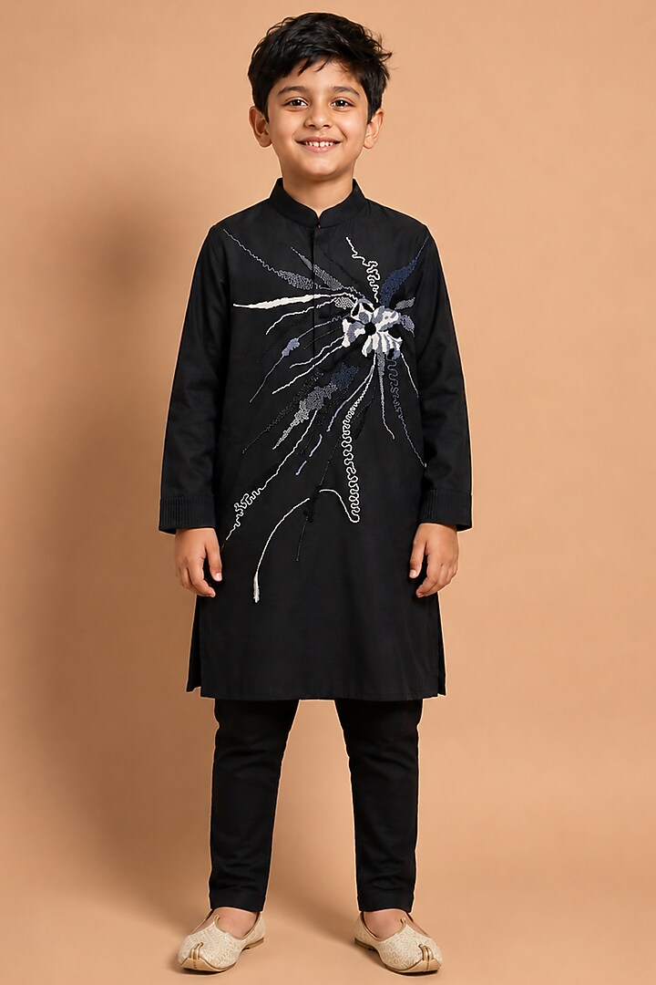 Black Katan Silk Kurta Set for Boys by Abkasa - Kids at Pernia's Pop Up Shop