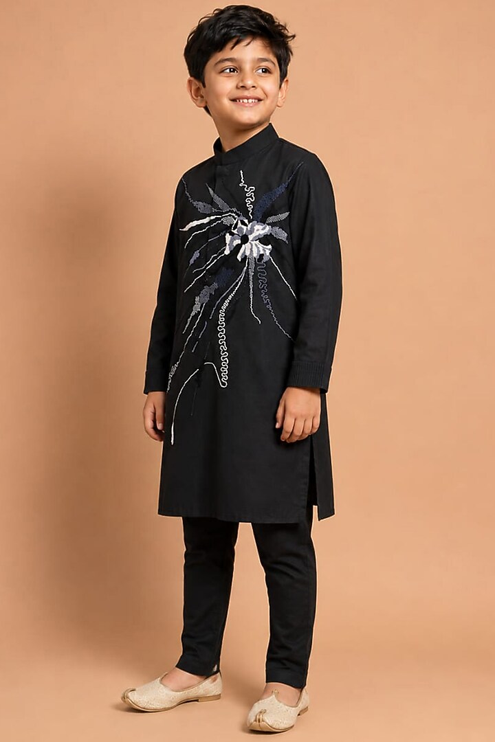 Black Katan Silk Kurta Set for Boys by Abkasa - Kids at Pernia's Pop Up Shop