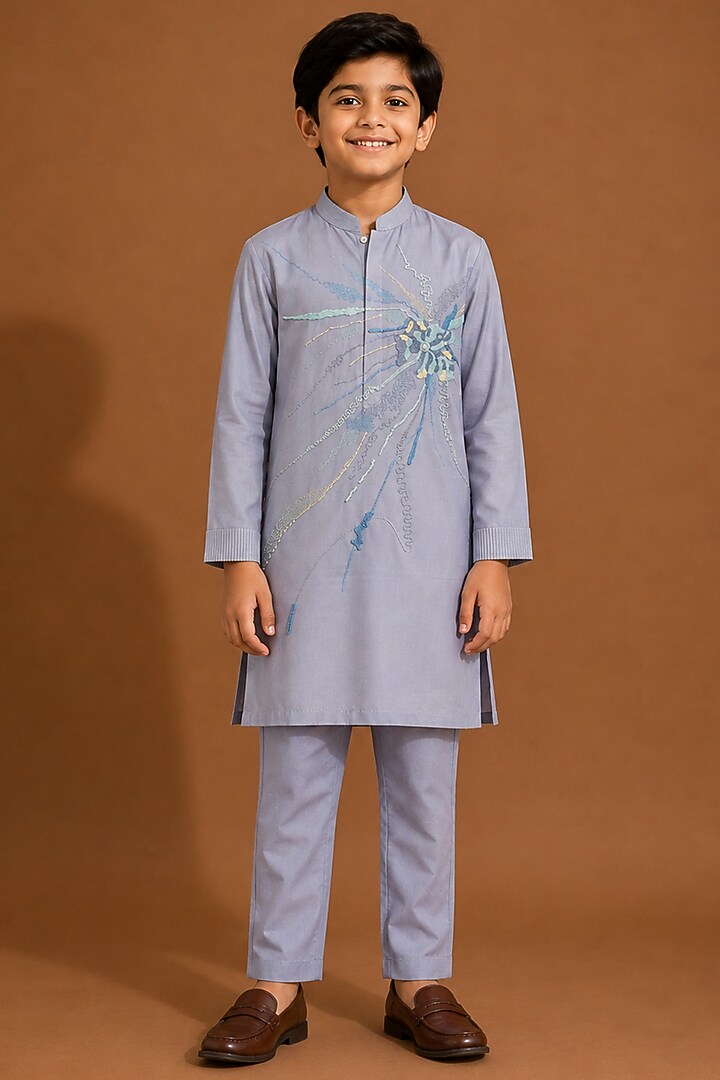 Blue Katan Silk Kurta Set for Boys by Abkasa - Kids at Pernia's Pop Up Shop