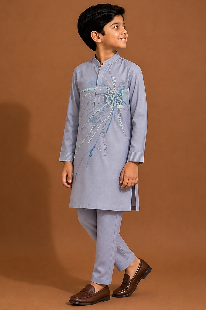 Blue Katan Silk Kurta Set for Boys by Abkasa - Kids at Pernia's Pop Up Shop