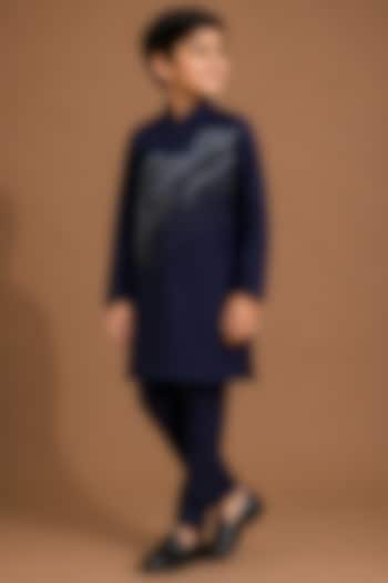 Navy Blue Katan Silk Kurta Set for Boys by Abkasa - Kids at Pernia's Pop Up Shop
