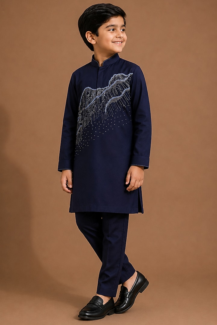 Navy Blue Katan Silk Kurta Set for Boys by Abkasa - Kids at Pernia's Pop Up Shop
