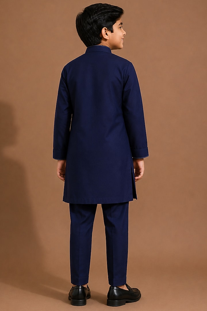 Navy Blue Katan Silk Kurta Set for Boys by Abkasa - Kids at Pernia's Pop Up Shop