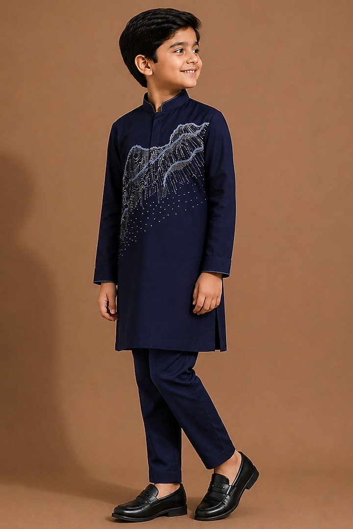 Navy Blue Katan Silk Kurta Set for Boys by Abkasa - Kids at Pernia's Pop Up Shop