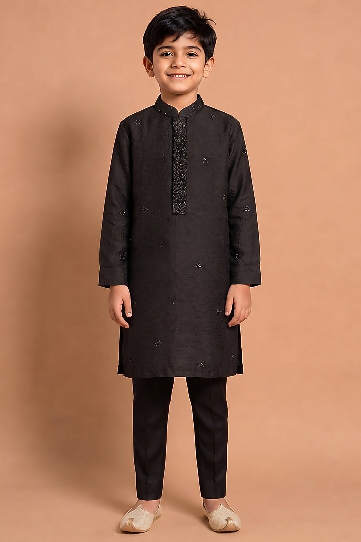 Black Habutai Silk Kurta Set for Boys by Abkasa - Kids at Pernia's Pop Up Shop