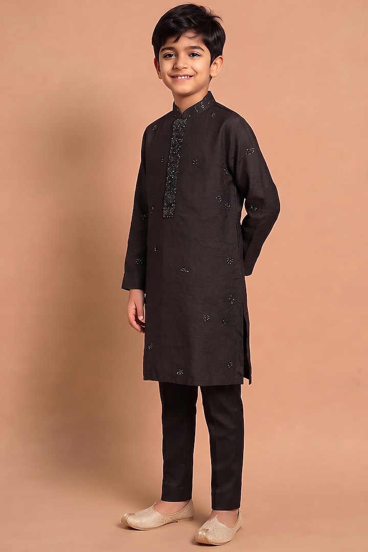 Black Habutai Silk Kurta Set for Boys by Abkasa - Kids at Pernia's Pop Up Shop
