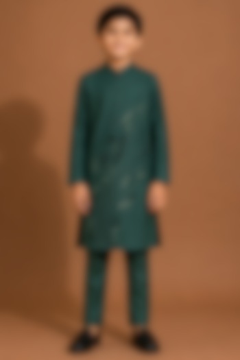 Dark Green Katan Silk Kurta Set for Boys by Abkasa - Kids at Pernia's Pop Up Shop