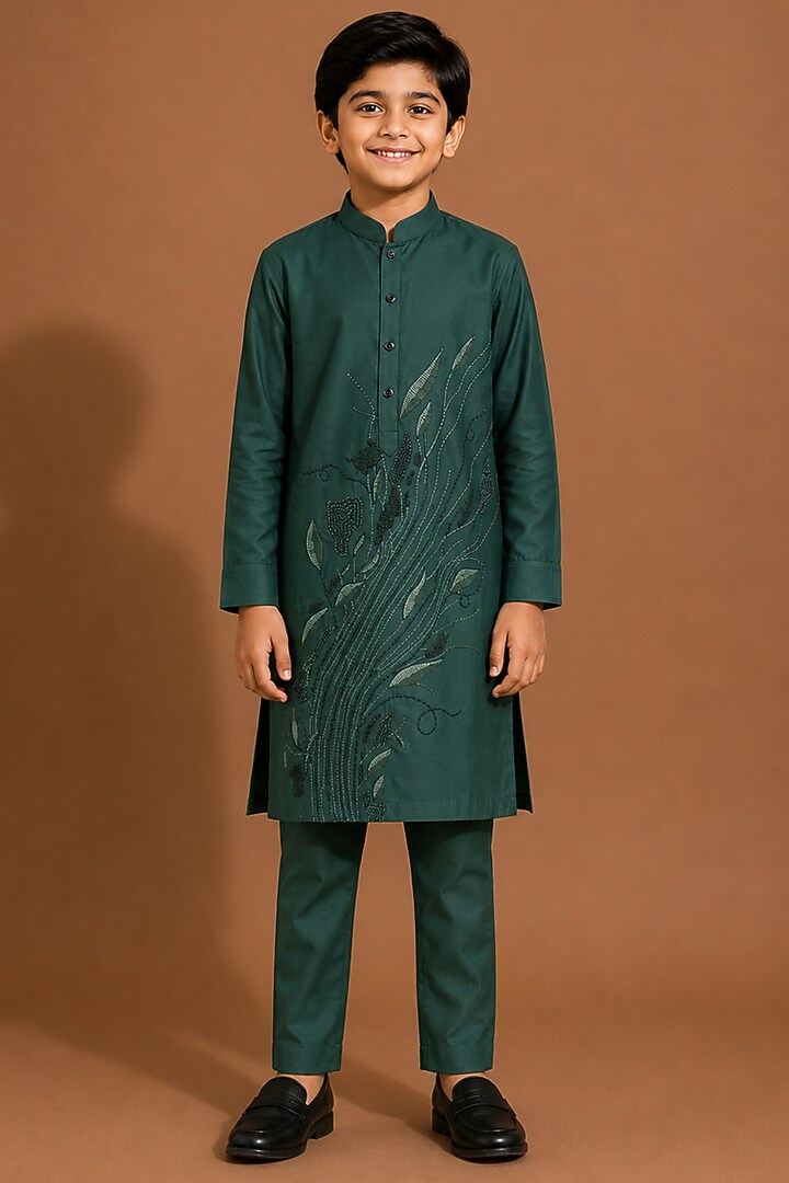 Dark Green Katan Silk Kurta Set for Boys by Abkasa - Kids at Pernia's Pop Up Shop