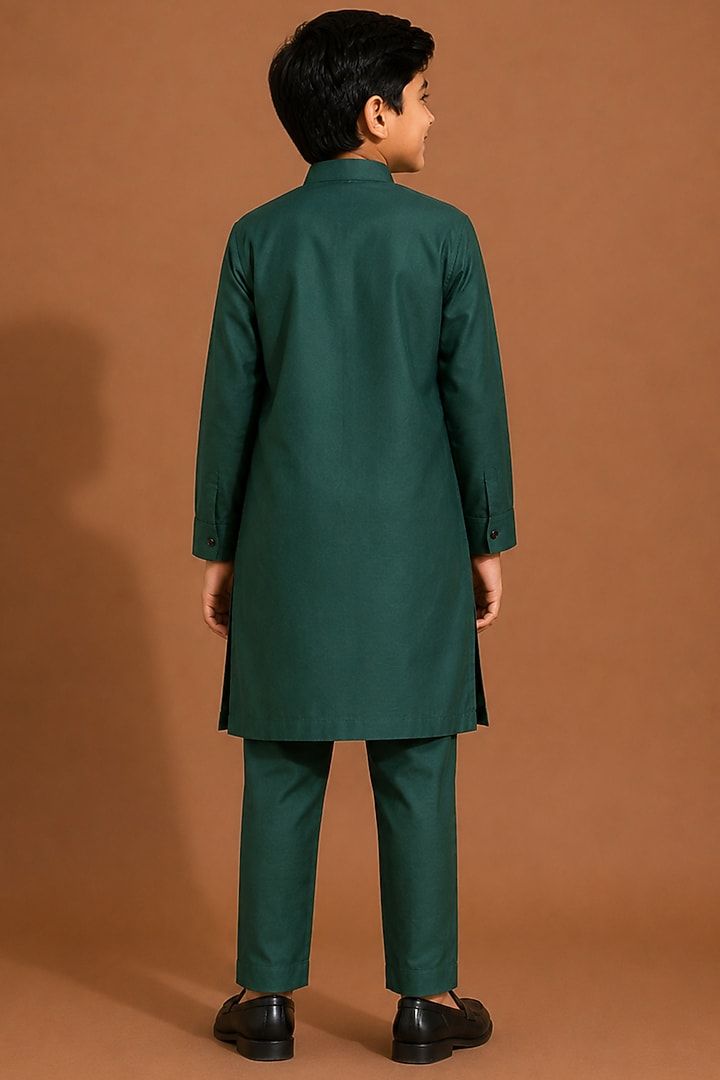 Dark Green Katan Silk Kurta Set for Boys by Abkasa - Kids at Pernia's Pop Up Shop