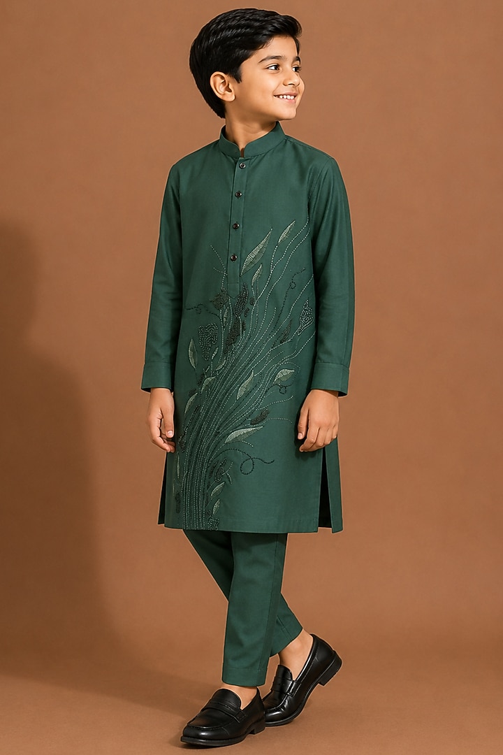 Dark Green Katan Silk Kurta Set for Boys by Abkasa - Kids at Pernia's Pop Up Shop