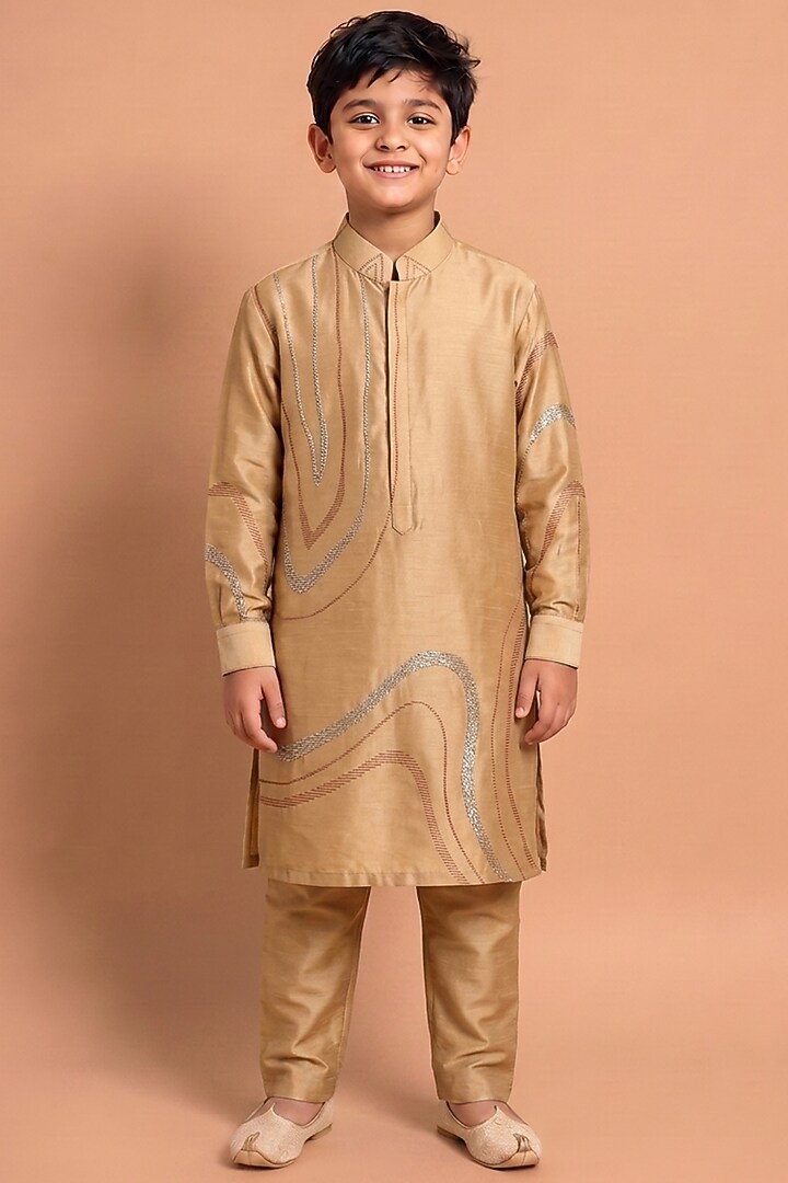Light Orange Katan Silk Kurta Set for Boys by Abkasa - Kids at Pernia's Pop Up Shop