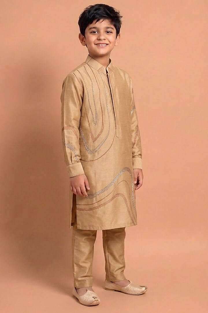 Light Orange Katan Silk Kurta Set for Boys by Abkasa - Kids at Pernia's Pop Up Shop